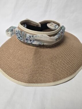 Blossom Boutique Woven Straw Visor with Scarf Trim